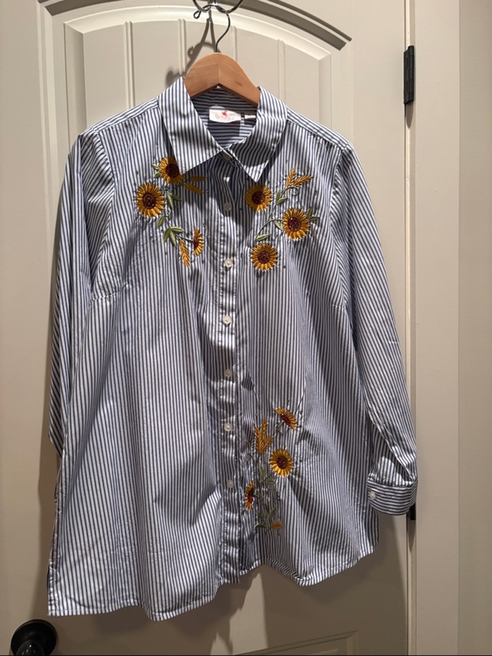 Quacker Factory Blue and White Striped Button-Up Shirt